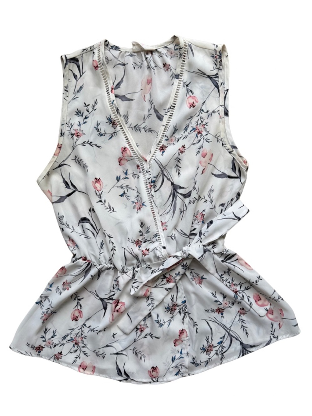 Sienna Sky White Floral Sleeveless Wrap Top with Pink Accents